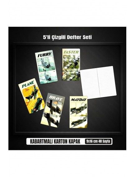 5'li Defter Seti 9x16 cm Çizgili 48 Sayfa Notebook Plane Line Series