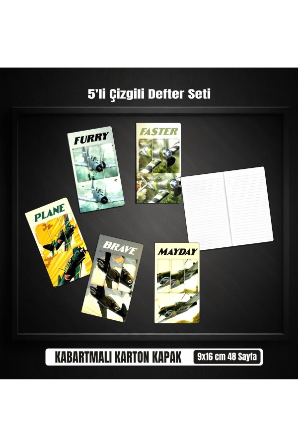 5li Defter Seti 9x16 cm Çizgili 48 Sayfa Notebook Plane Line Series