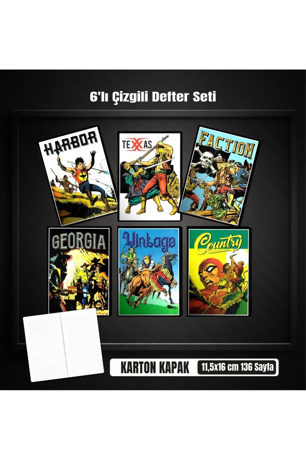 6'lı Defter Seti 11,5x16 cm Çizgili 136 Sayfa Notebook Comic Book Line Series