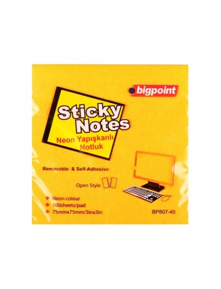 Bigpoint Neon Turuncu 75X75 Yapışkanlı Çizgili Not Kağıdı Bp807-45