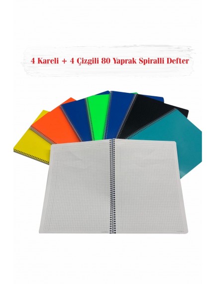 80 Yaprak A4 Colormaxi Spiralli Plastik Kapak  4 Adet Çizgili 4 Adet Kareli