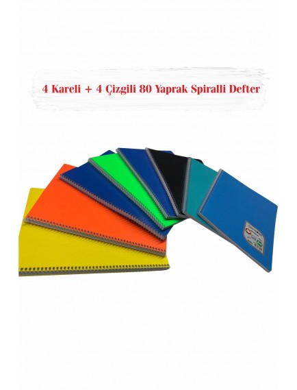 80 Yaprak A4 Colormaxi Spiralli Plastik Kapak  4 Adet Çizgili 4 Adet Kareli