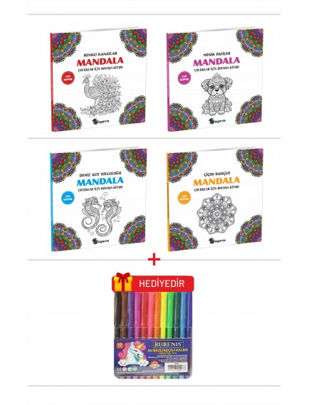 Çocuklar İçin 4'lü Mandala Boyama Seti (4 Kitap)+12'li Keçeli Kalem Hediyeli