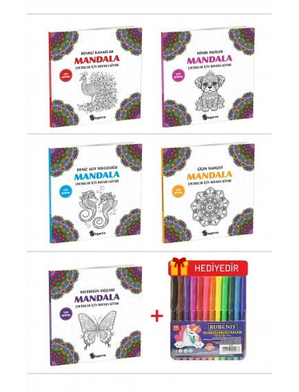 Çocuklar İçin Mandala Boyama Seti (5 Kitap)+12'li Keçeli Kalem Hediyeli