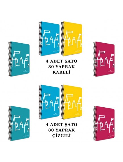 Faber Castell Spiralli Plastik Kapak Şato 80 Yaprak 8'li Defter Seti (4 Adet Çizgili - 4 Adet Kareli)