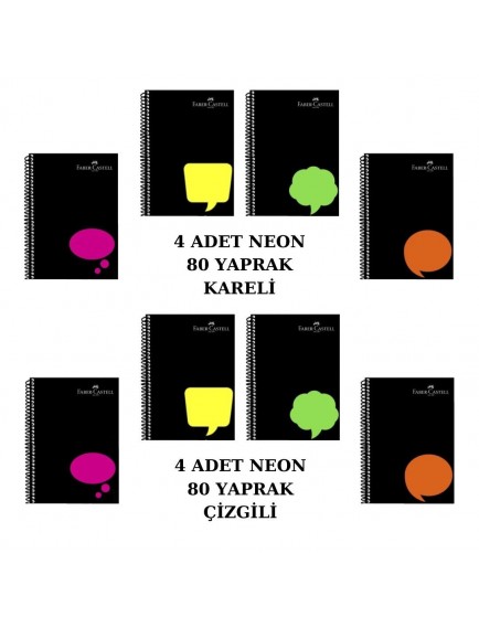 Faber Castell Spiralli Plastik Kapak Neon 80 Yaprak 8'li Defter Seti (4 Adet Çizgili - 4 Adet Kareli)