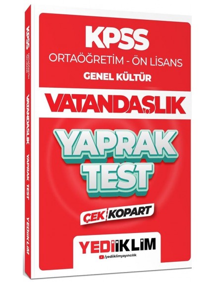 Yediiklim Yayınları Kpss Lise Ortaöğretim Ön Lisans Vatandaşlık Yaprak Test Çek Kopart 